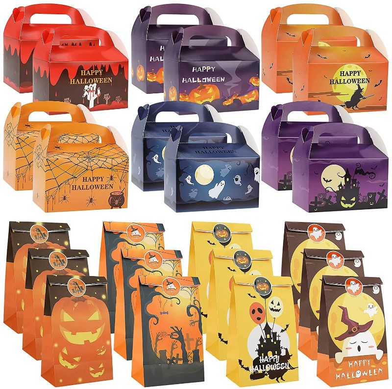 Photo 1 of 24PCS Halloween Cardboard Treat Boxes, Trick or Treat Kids Paper Gift Bags, Haunted House Gable Cookie Candy Boxes with Stickers Spider Witches Jack-o-Lantern for Halloween Party Favor Supplies
