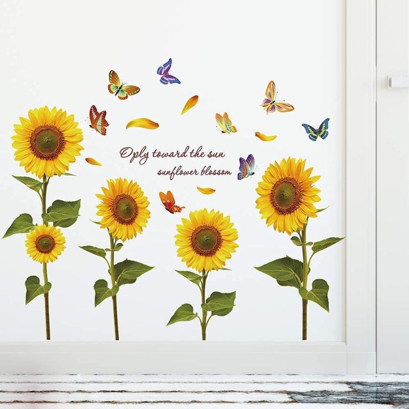 Photo 1 of  Sunflower Wall Decals Butterfly Stickers - Plants Removable Wall Stickers for Bedroom Living Room Background Wall Decoration Kids Rooms Kitchen Girls