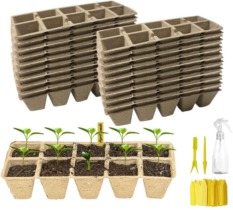 Photo 1 of 200Cells Seedling Start Trays Larger Size Peat Pots Seedling Pots Biodegradable Seed Starter Kit Organic Germination Seedling Trays Outdoor Indoor with 200