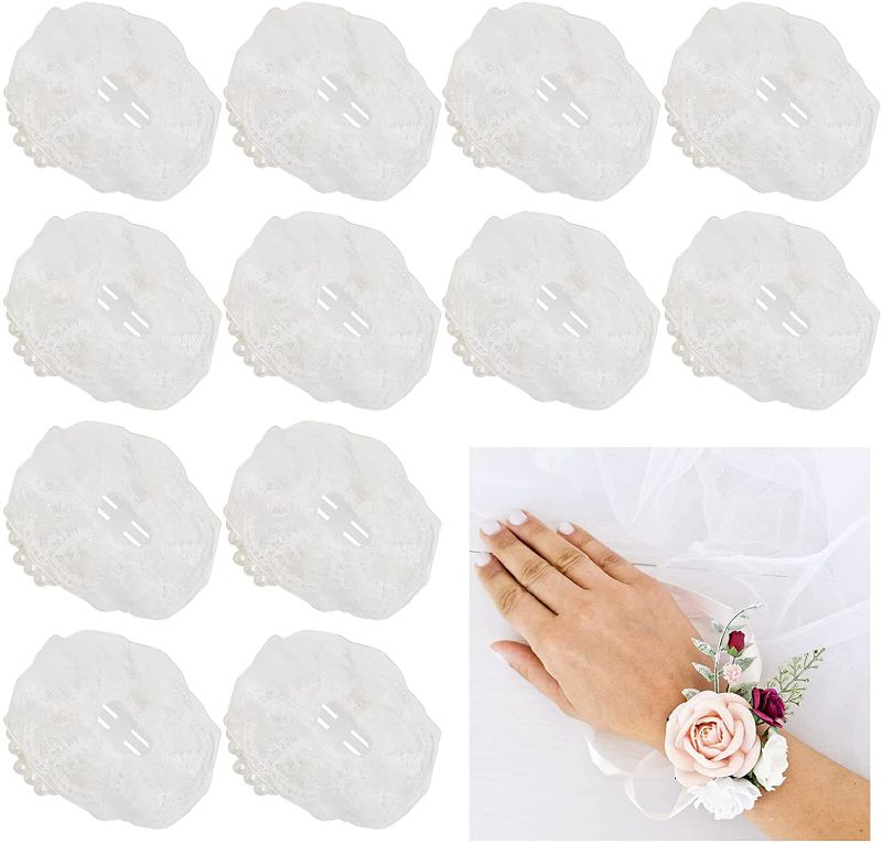 Photo 1 of 12 Pieces Elastic Pearl Wrist Corsage Bands Wristlets DIY Wrist Corsages Accessories for Wedding Prom Flowers Party Supplies ( White lace)  fabric sealed
