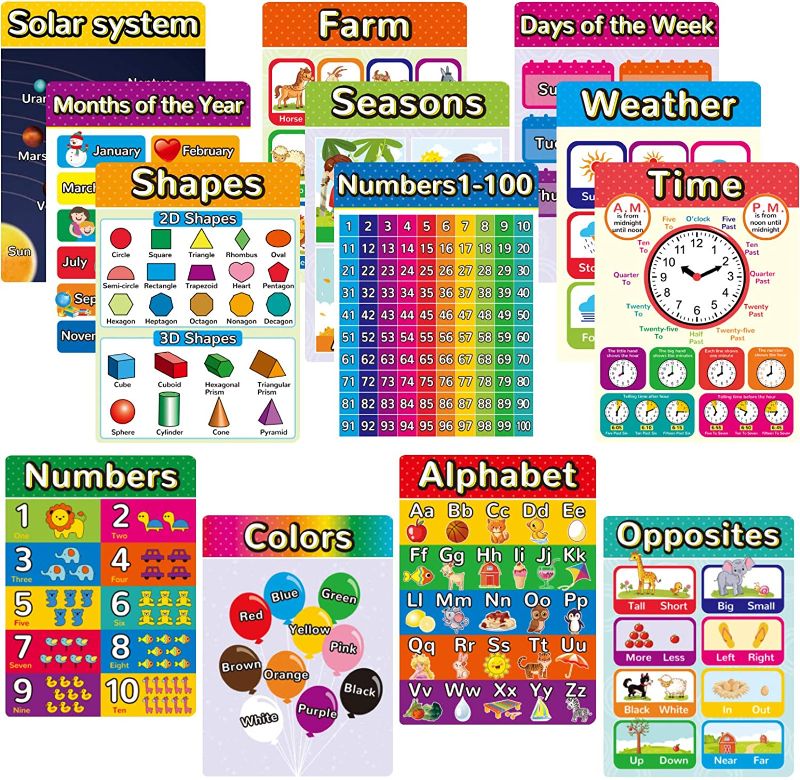 Photo 1 of 13 Educational Preschool Posters,Learning Posters for Pre K-K, 1-100 Educational Charts for Preschoolers Kindergarten Home Classroom Decor with Glue dots.