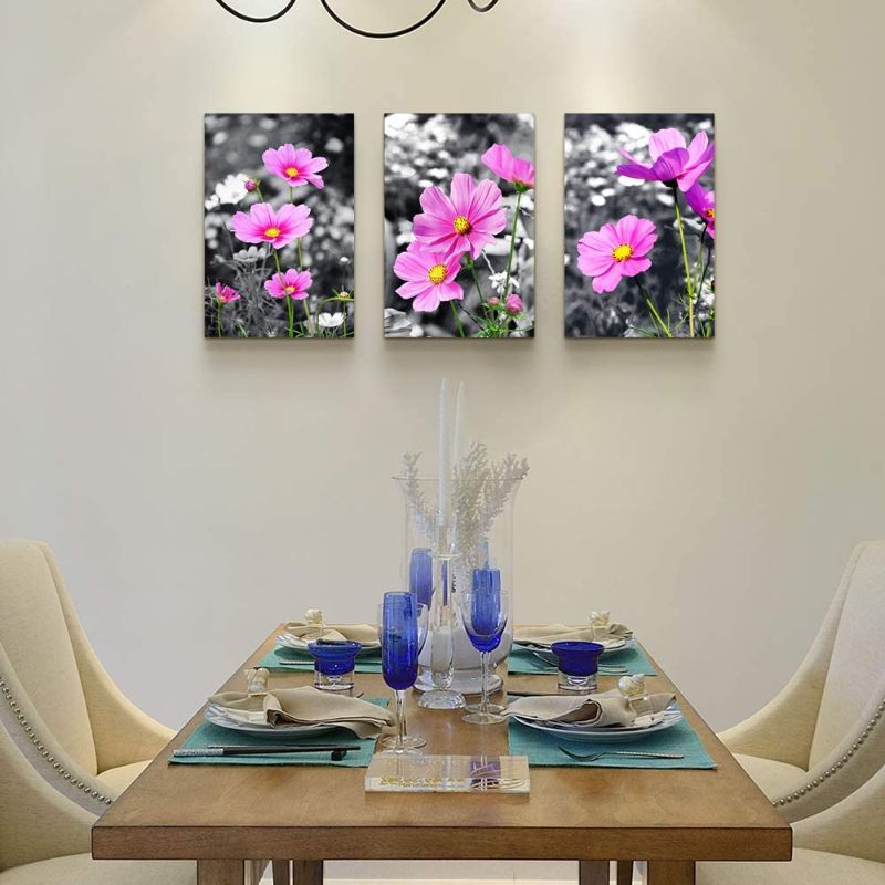 Photo 1 of Canvas Wall Art for Bedroom Wall Decor for Living Room Modern Family Bathroom Canvas Art pink Flowers Hang Pictures Artwork Black and white Wall Paintings