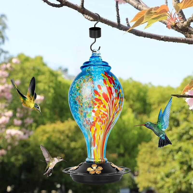 Photo 1 of DGFFL Hummingbird Feeder, Hand-Blown Glass Hummingbird Feeder, 42oz Outdoor Hummingbird Feeder, Easy to Clean and Upgrade Leak-Proof Bird Feeder Set, 4 Feeding Stations Can Use for Backyard Decoration
