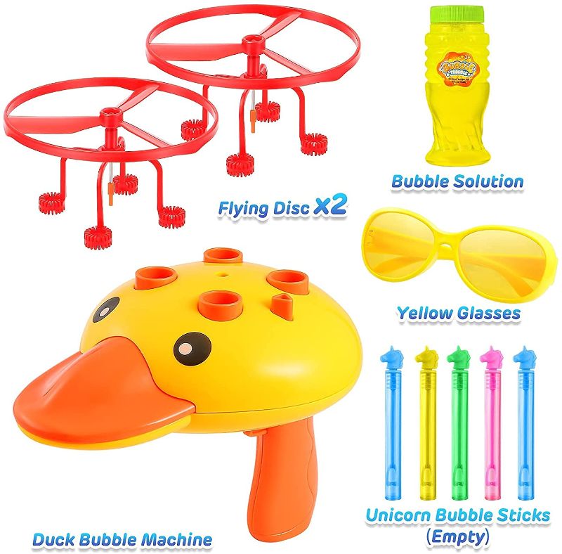 Photo 1 of Bubble Machine for Kids UFO Flying Disc Bubble Blower Toddler Outdoor Toys Duck Bubble Maker with Glasses & Bubble Stick Summer Outside Toys Lawn Backyard Yard Games 
