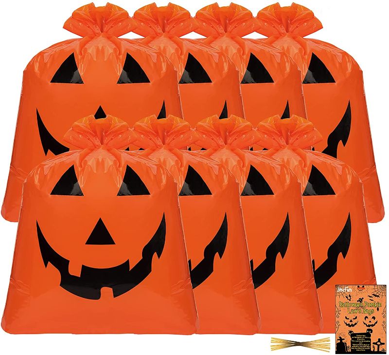 Photo 1 of 8 Pack Halloween Leaf Bags Pumpkin Bags 24 x 30 in Halloween Trash Bags Lawn Bags for Fall Leaves Plastic with Twist Ties for Outdoor Yard Garden Orange Jack O Lantern Decoration
