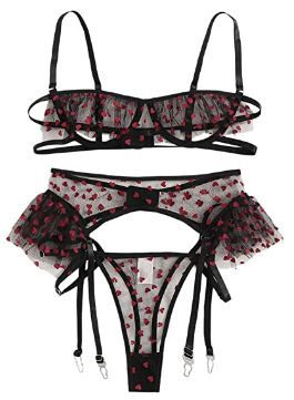 Photo 1 of Women's Sexy Sheer Heart Print Garter Ruffle Trim Lingerie Set
l