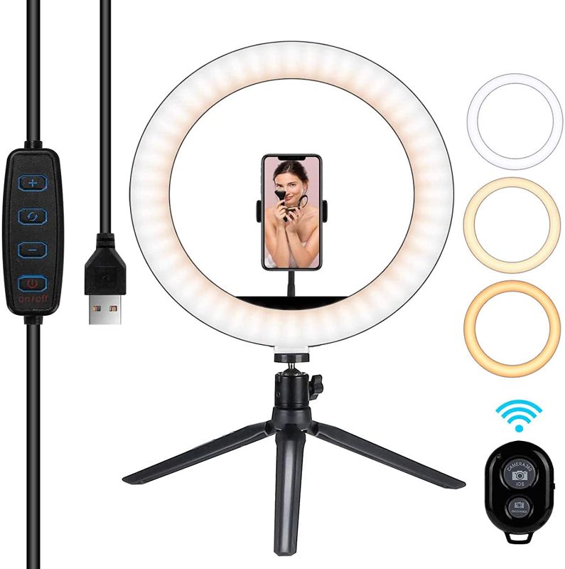 Photo 1 of Hiapix Selfie Ring Light Dimmable Desktop LED Ring Light with Tripod Stand and Cellphone Holder Remote Control USB Power Contol Button for Live Stream Video Blog Photography Makeup
