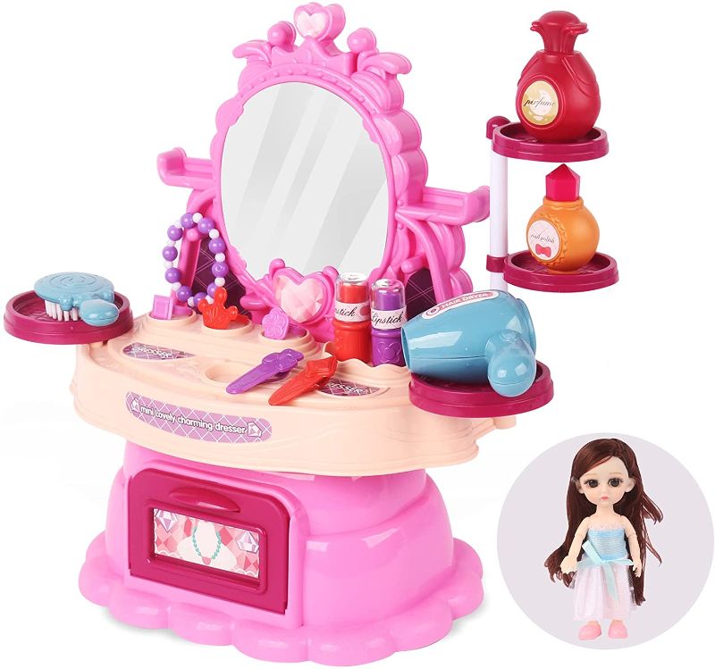 Photo 1 of PALA PERRA Play Vanity Sets for Girls, 25PCS Kids Vanity Set with Mirror, Pretend Play Kids Makeup Vanity, Princess Vanity Set for Girls, Get an Extra Free Doll
