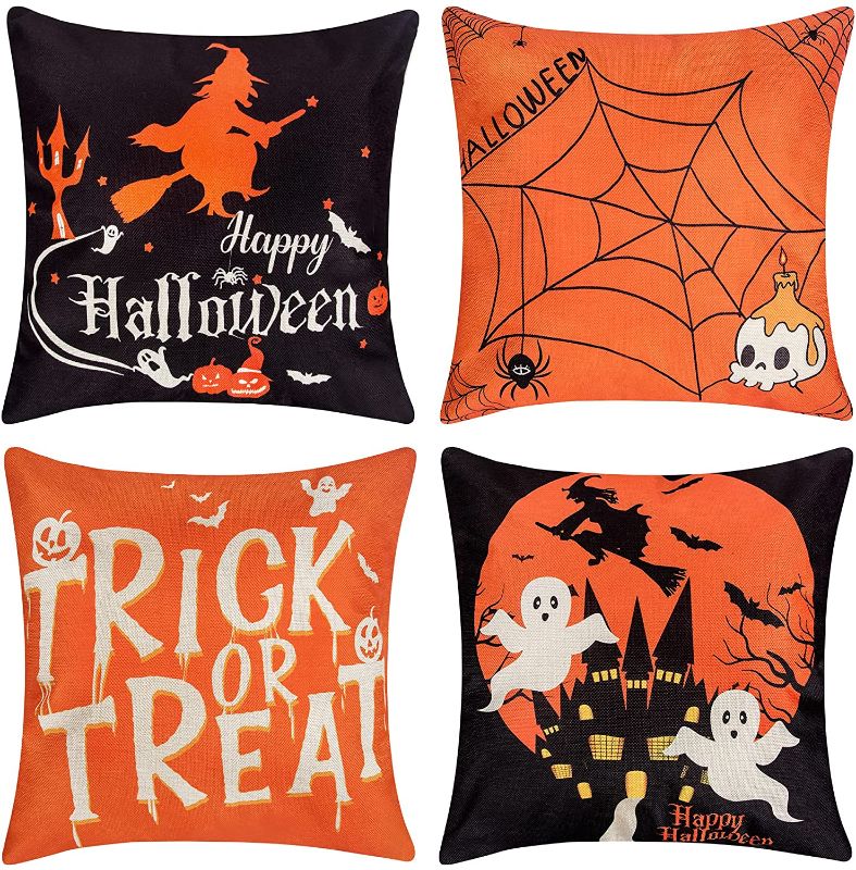 Photo 1 of Halloween Pillow Covers 18x18 Set of 4 Spider Witch Ghost Orange Throw Pillows Cotton Linen Pillow Cases Halloween Decorations for Home Sofa Couch
