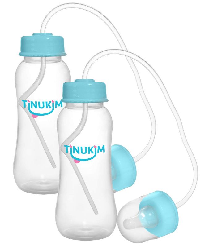 Photo 1 of Tinukim iFeed 9 Ounce Self Feeding Baby Bottle with Tube - Handless Anti-Colic Nursing System, Blue - 2-Pack
