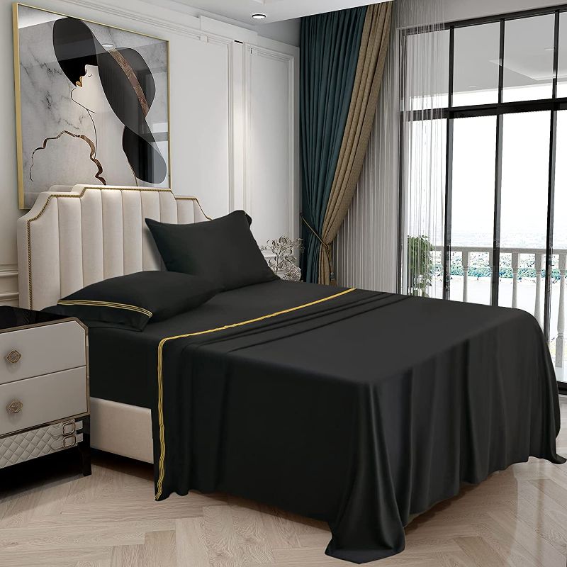 Photo 1 of Bakumon Bamboo Sheets Set KING Size Bed Sheet Set 4PCs Cooling Sheets Set with 18" Deep Pocket Fitted Sheet Luxury Bed Sheet Sets for KING Bed Hotel Silky Bedding Sheets Breathable Bedsheet-Black
