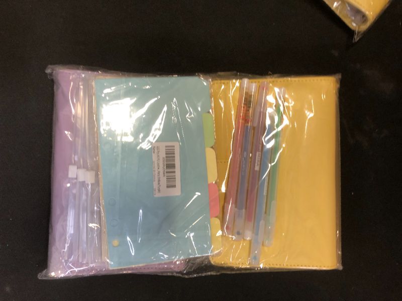 Photo 2 of 225 Pcs A6 PU Leather Notebook Binder Set, 90 Pieces A6 Loose Leaf Paper, Loose Leaf Zipper Pocket 3PCS, 5 Pieces Colored Paging Paper and 120 Pieces Neon Page Markers, 5 Colored Pens (Yellow,Purple)
