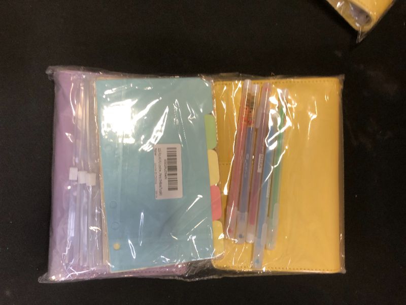 Photo 1 of 225 Pcs A6 PU Leather Notebook Binder Set, 90 Pieces A6 Loose Leaf Paper, Loose Leaf Zipper Pocket 3PCS, 5 Pieces Colored Paging Paper and 120 Pieces Neon Page Markers, 5 Colored Pens (Yellow,Purple)
