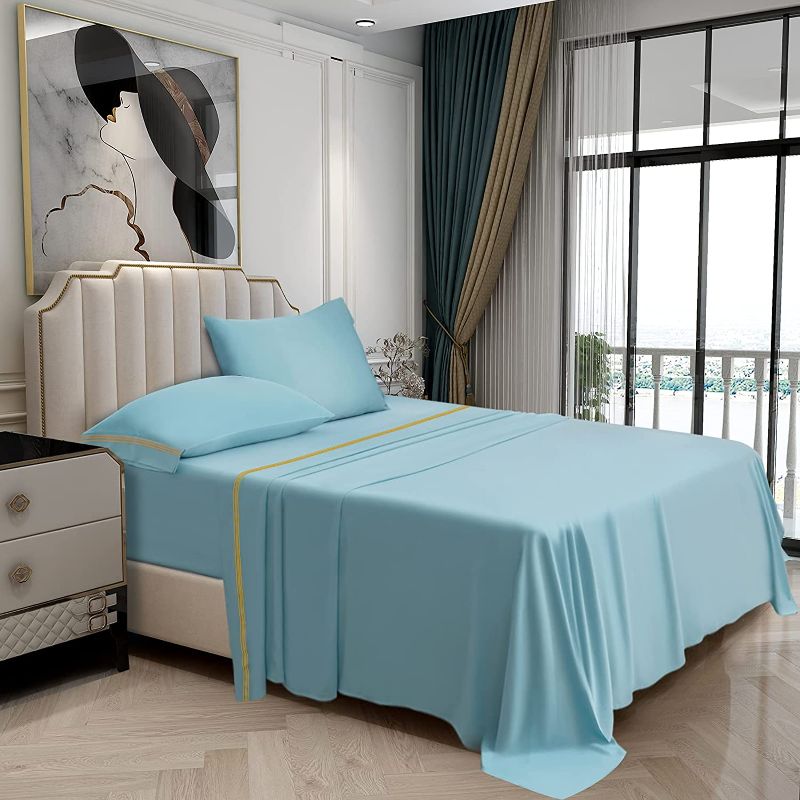 Photo 1 of Bakumon Bamboo Sheets Set Queen Size Bed Sheet Set 4PCs Cooling Sheets Set with 18" Deep Pocket Fitted Sheet Luxury Bed Sheet Sets for Queen Bed Hotel Silky Bedding Sheet Breathable Bedsheet-Baby Blue
