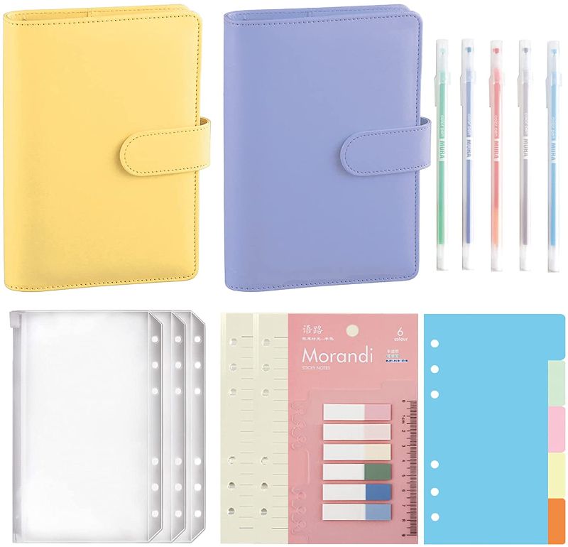 Photo 1 of 225 Pcs A6 PU Leather Notebook Binder Set, 90 Pieces A6 Loose Leaf Paper, Loose Leaf Zipper Pocket 3PCS, 5 Pieces Colored Paging Paper and 120 Pieces Neon Page Markers, 5 Colored Pens (Yellow,Purple)
