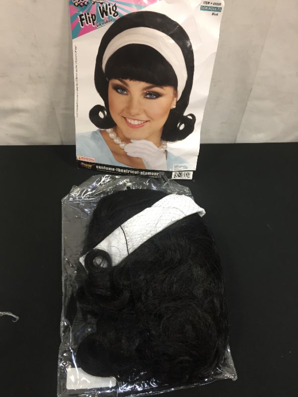 Photo 2 of 50s Sock Hop Housewife Adult Black Flip Wig With Headband
