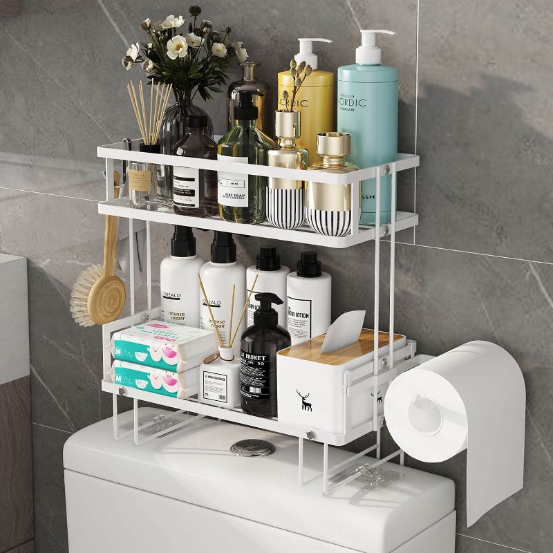 Photo 1 of Bathroom Over Toilet Storage Shelf, Bathroom Organizer, Above Storage Cabinet Restroom Paper Holder, No Drilling Space Saver with Wall Mounting Design (White)
