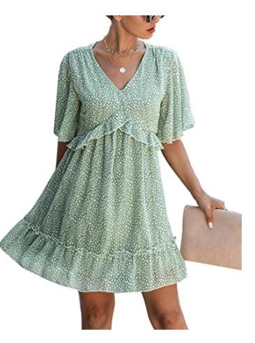 Photo 1 of KIRUNDO Summer Women’s Floral Ruffle Hem Mini Dress Short Sleeves V Neck High Waist Loose Boho Dress XL Green