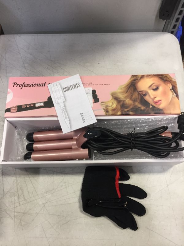 Photo 2 of 3 Barrel Curling Iron Wand 25mm Hair Waver Crimper Hair Iron with LCD Display, Ceramic Tourmaline Triple Barrels Temperature Adjustable, Dual Voltage (Rose Gold)
