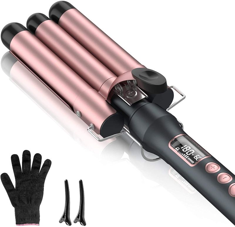 Photo 1 of 3 Barrel Curling Iron Wand 25mm Hair Waver Crimper Hair Iron with LCD Display, Ceramic Tourmaline Triple Barrels Temperature Adjustable, Dual Voltage (Rose Gold)
