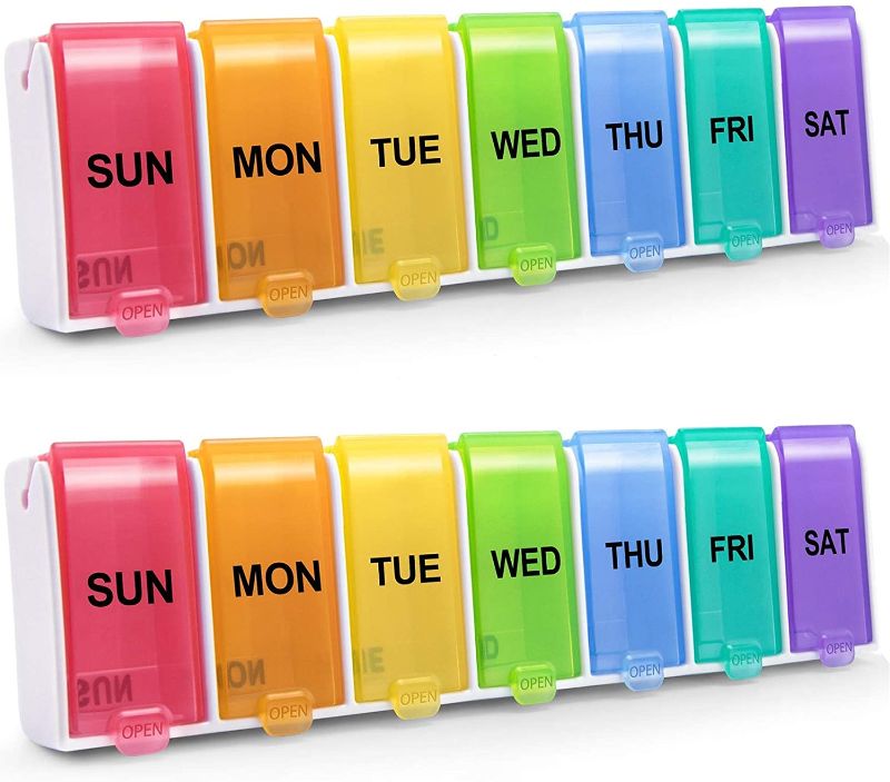 Photo 1 of [2 Pack] SevenYing Large 7 Day Pill Organizer one Time a Day or Twice a Day, Quick Fill Weekly Pill Box, Easy Fill Vitamin Pill Case, Rainbow Pill Container
