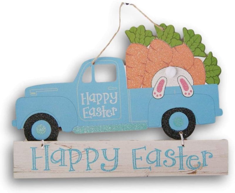 Photo 1 of 2 pack - Happy Easter Truck Glittery Decor Sign with Jute Hanger - 13.5 x 9.75 Inches (Blue)
