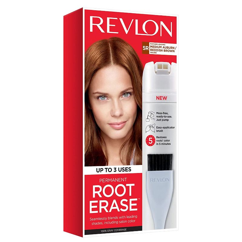 Photo 1 of 2 pack - Revlon Root Erase Permanent Hair Color, At-Home Root Touchup Hair Dye with Applicator Brush for Multiple Use, 100% Gray Coverage, Medium Auburn/Reddish Brown (5R), 3.2 oz
