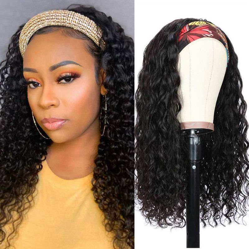 Photo 1 of 9A Brazilian Virgin Hair Water Wave Headband Human Hair Wigs Hair Band Wig for Black women Glueless Human Hair Easy Wear Wigs Unprocessed None Lace Front Wigs150% Density Natural Color 14 Inch
