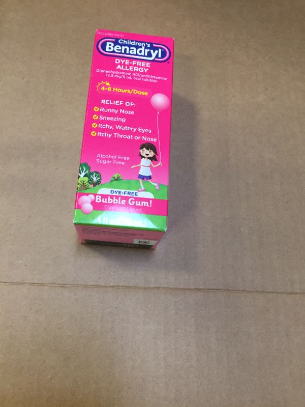 Photo 1 of Benadryl Children's Dye-Free Allergy Liquid Bubble Gum Flavored - 4 oz, Pack of 1  exp-12/2022.3
