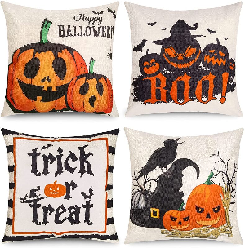 Photo 1 of Halloween Throw Pillows Set of 4, Trick or Treat Halloween Pillow Covers 18x18 Pumpkin Fall Pillows Orange and Black Cotton Linen Pillow Case for Halloween Decorations Indoor
