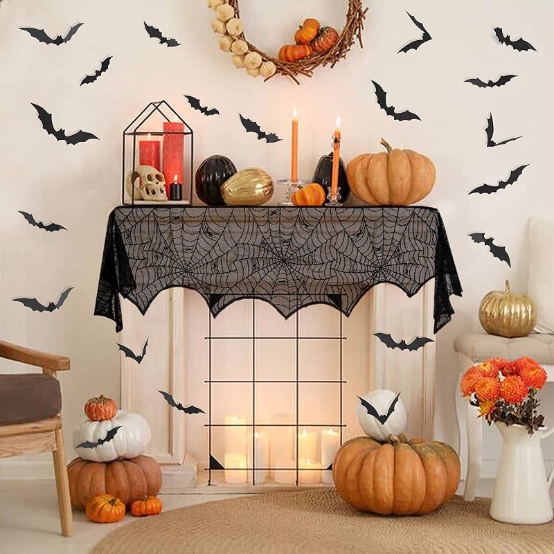 Photo 2 of 5 pack Halloween Decorations Indoor - Fireplace Mantel Decor Scarf & Black Lace Round Spiderweb Lamp Shades & 64 Pcs Scary Bat Wall Decor for Home Halloween Party Decorations Supplies
