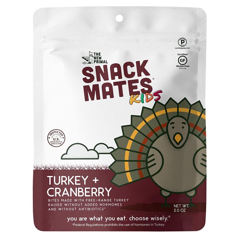 Photo 1 of ?Snack Mates by The New Primal Turkey & Cranberry Bites, High Protein and Low Sugar Kids Snack, Bite-Sized, Certified Paleo, Certified Gluten Free, Soy Free, 2 Oz Per Pack (8 Pack)
best by 9 - 21 - 21 