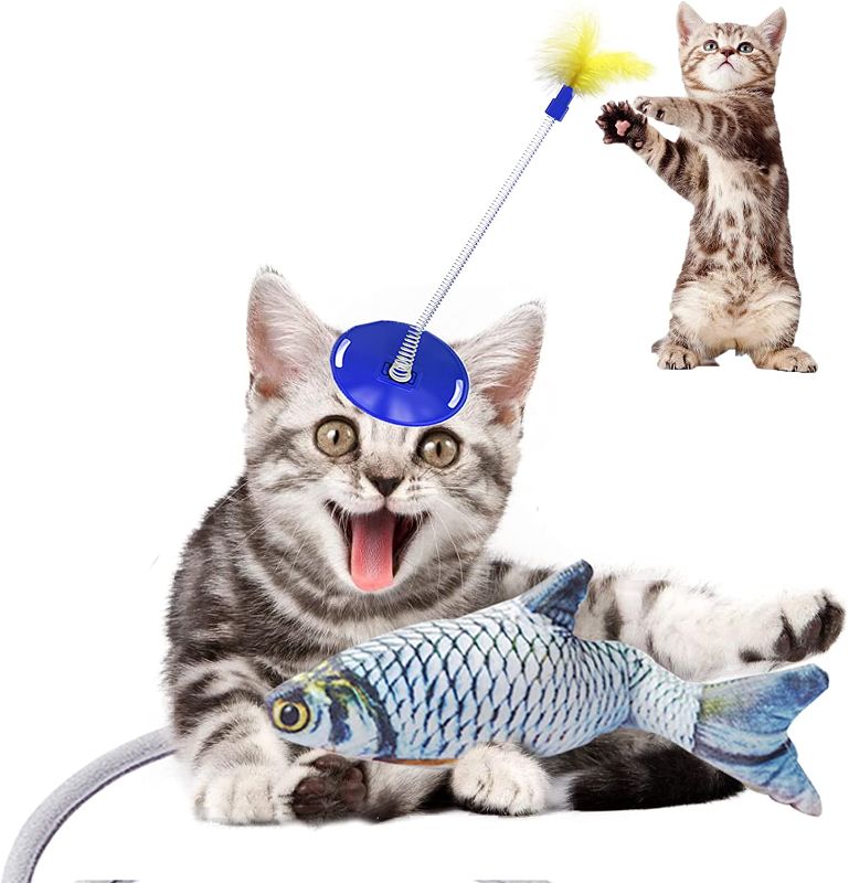 Photo 1 of 2 pack - OneAndes Interactive Cat Toy for Indoor Cats Realistic Flopping Fish Catnip Toys Kitten Toys Set Include Flopping Fish Cat Dog Toy and Cat Feather Toys Cat Chew Toys for Cat Exercise
