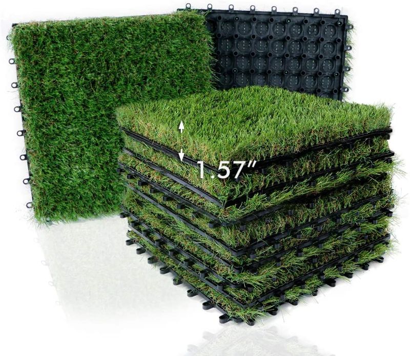 Photo 1 of XLX TURF Artificial Grass Tiles Interlocking Turf Deck Set 9 Pack - 12"x12" Synthetic Fake Grass Self-draining Mat Flooring Decor Pad for Dog Pet Indoor Outdoor
