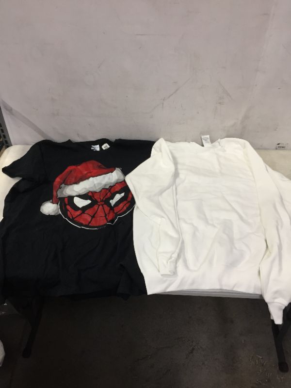 Photo 1 of 2 PACK Tops, XL Spiderman T-shirt and SM White Sweat Shirt SOLD AS IS