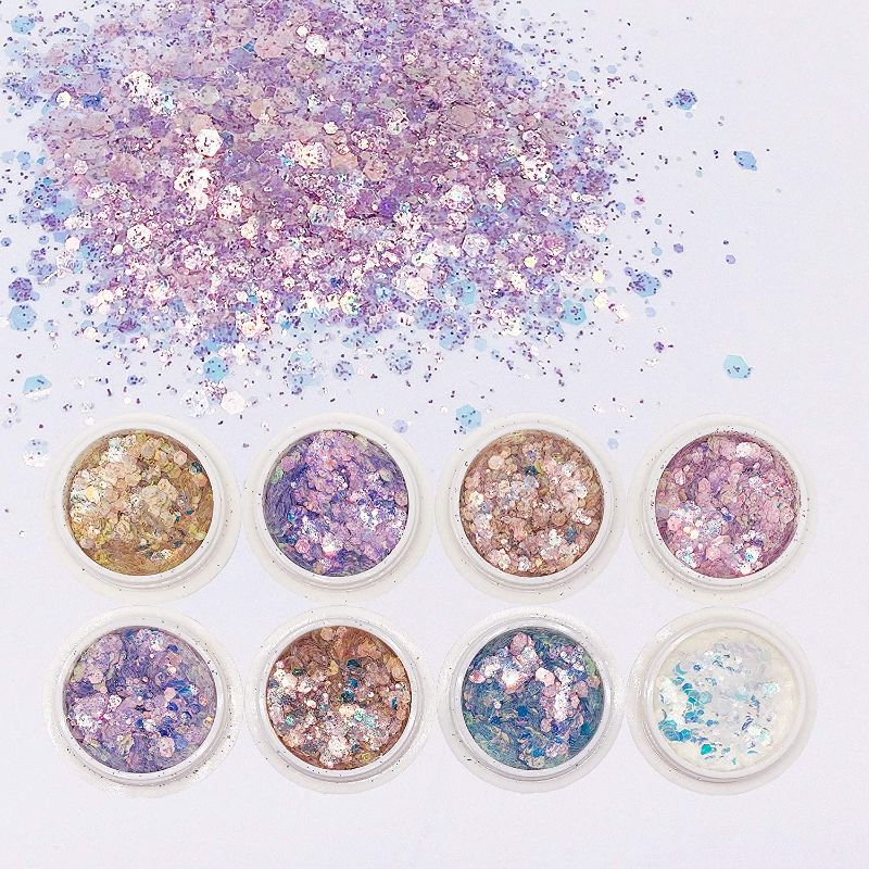 Photo 1 of 8 Boxes Holographic Nail Glitter Mermaid Flakes Shiny Charms Hexagon Nail Art Decoration Manicure
