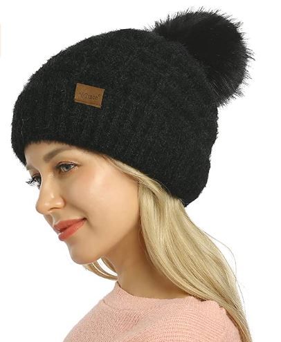 Photo 1 of  Women Knit Slouchy Beanie Chunky Baggy Hat with Faux Fur Pompom Winter Soft Warm Ski Cap (ONE SIZE FITS MOST)