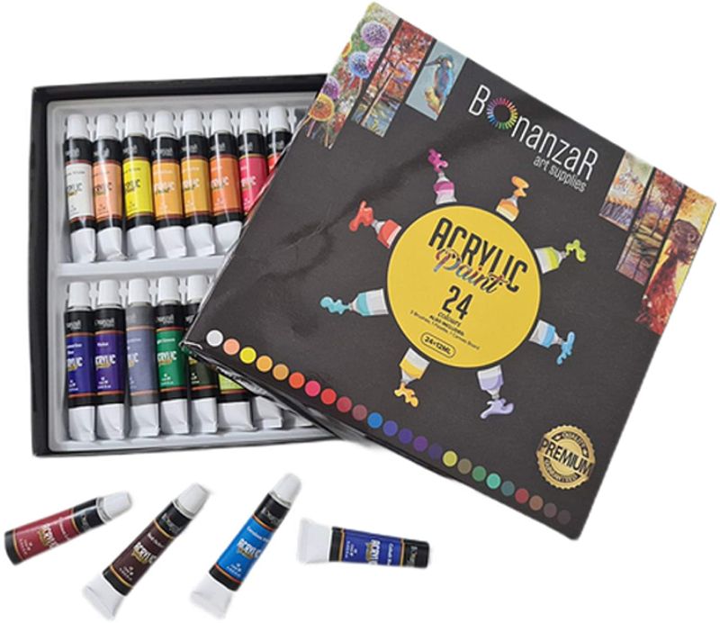 Photo 1 of Acrylic Paint Set Kids, Bonanzar 24 x12ml Tubes Artist Quality Non Toxic Rich Pigments Colors Great for Kids Adults Professional Painting on Canvas Wood Clay Fabric Ceramic Crafts
