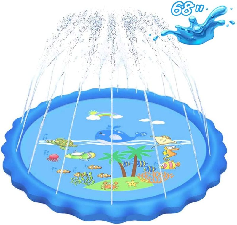 Photo 1 of  Sprinkler Play Mat, Upgraded 172cm/68‘’ Outdoor Summer Play Water Toys, Children Splash Pad & Wading Pool for Fun Games Learning Party, Outside Water Toys for Boys and Girls (Blue)