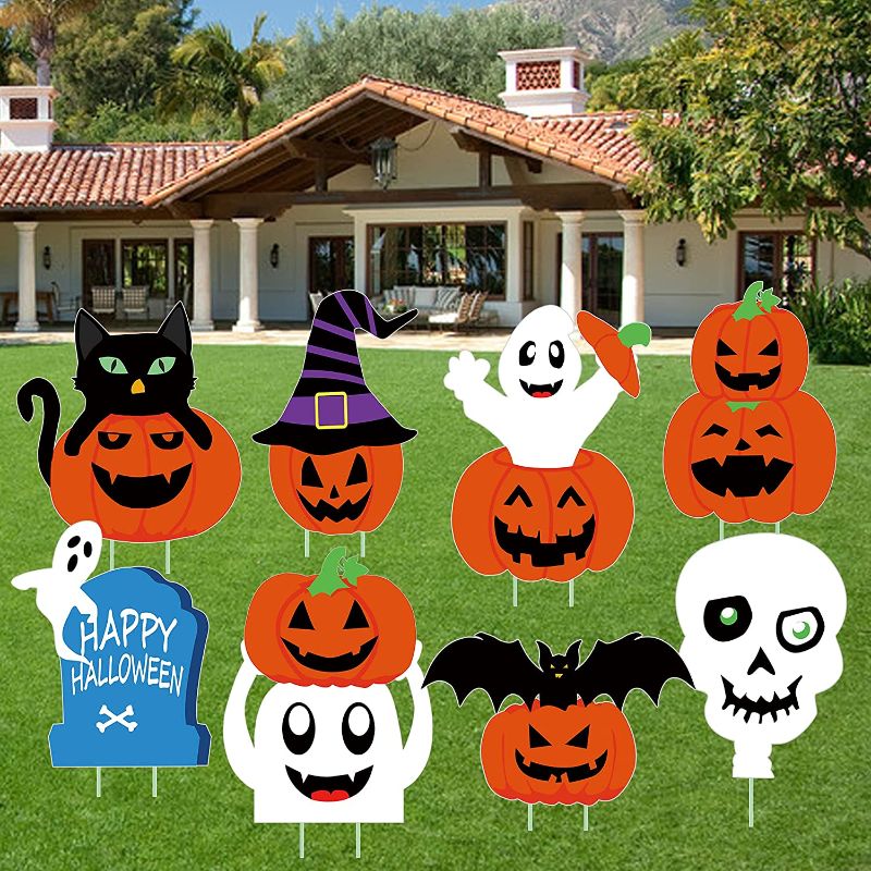 Photo 1 of  Halloween Decorations Outdoor, 8 Pack Pumpkins Skeleton and Ghost Corrugate Halloween Yard Signs Decorations for Lawn Yard
