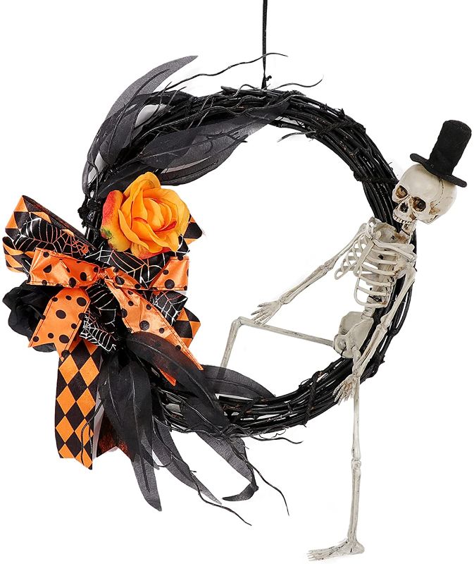 Photo 1 of 14 Inch Halloween Grapevine Wreath with Scary Skeleton Artificial Roses Leaves and Bowknots, Front Door Wall Window Halloween Decoration