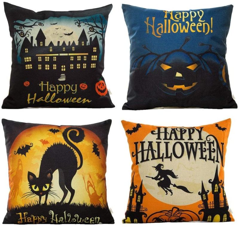 Photo 1 of 4-Pack Happy Halloween Square Decorative Throw Pillow Case Cushion Cover Bat Pumpkin 9.5 x 9 x 1 inches