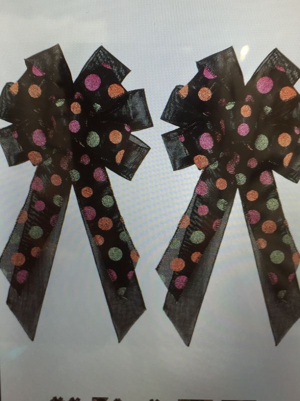 Photo 1 of 2PCS EXTRA LARGE HALLOWEEN WREATH BOWS, 23 X 11 INCH BLACK WITH ORANGE DOT BOW HOLIDAY DECORATION BOWS