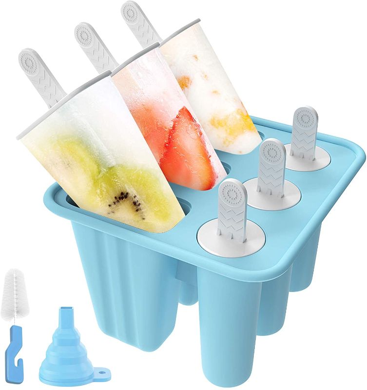 Photo 1 of 6 Cavities Popsicle Molds, Reusable Ice Pop Molds Easy Release Silicone Popsicle Molds, Popsicle Maker Soft & Durable with Silicone Funnel and Cleaning Brush