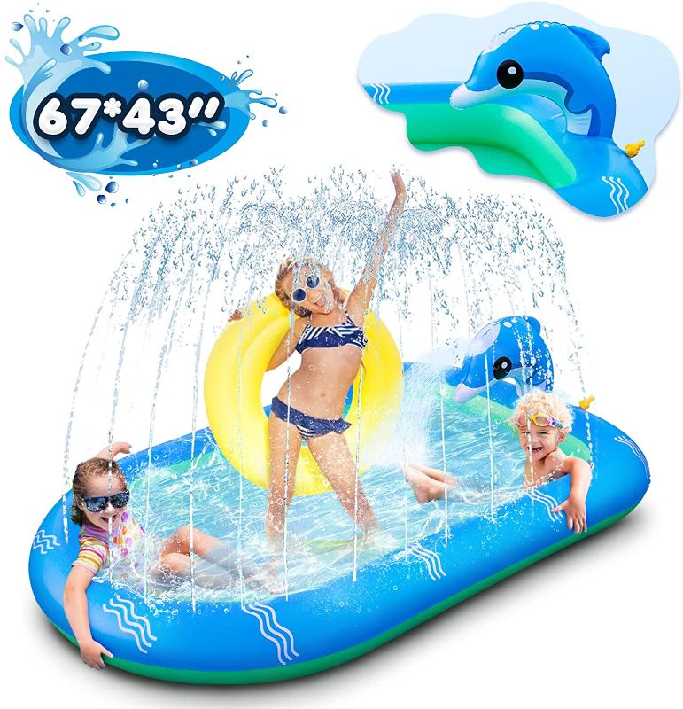 Photo 1 of Splash Pad Sprinkles Kids, Inflatable Sprinkles Pool Splash Mat, Swimming Wading Kiddie Pool, Summer Outdoor Water Toys Large Sprinkler Pad for Toddlers Baby Boys Girls Age 3+ (67x43 Inch)
