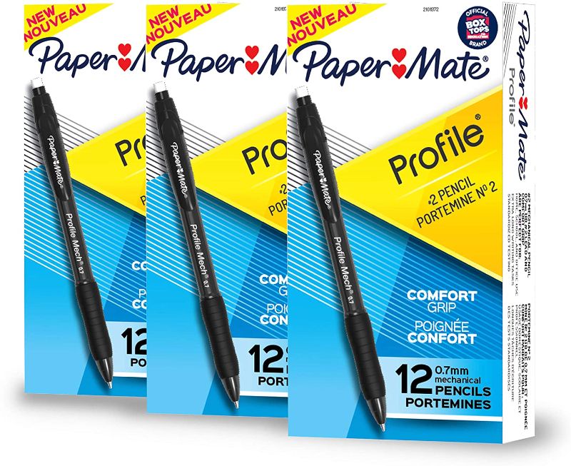 Photo 1 of 3 pack - Paper Mate Profile Mechanical Pencils - 0.7 mm Lead Diameter - Refillable - Black Lead - Black Barrel - 12 / Dozen
