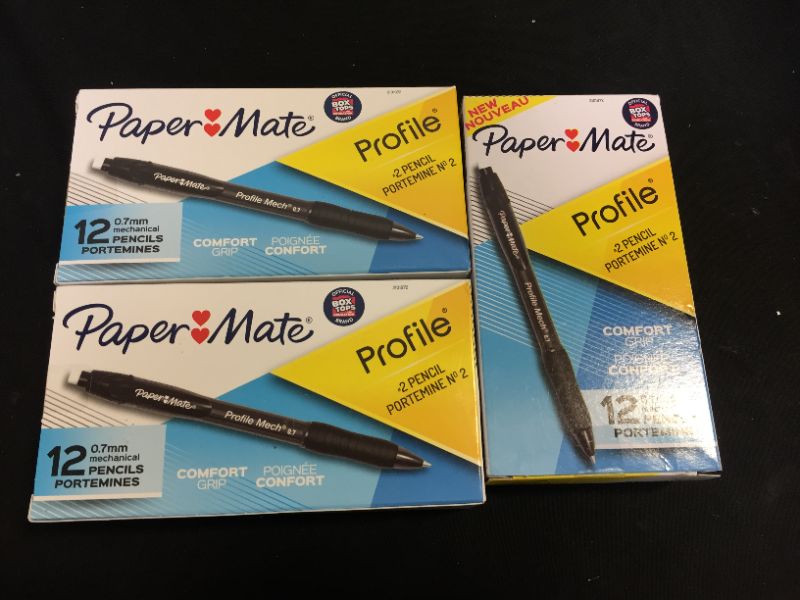 Photo 2 of 3 pack - Paper Mate Profile Mechanical Pencils - 0.7 mm Lead Diameter - Refillable - Black Lead - Black Barrel - 12 / Dozen