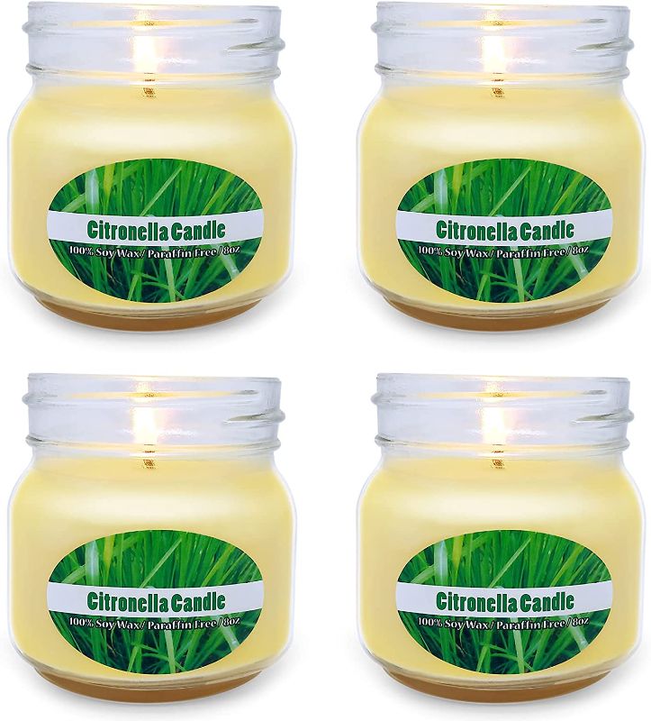 Photo 1 of Citronella Candles Outdoor Indoor, YOSICIL 4 Pack Citronella Scented Candles Soy Wax Lemongrass Essential Oil, Portable Glass Jar Candles for Home Patio Travel Garden Yard Camping
