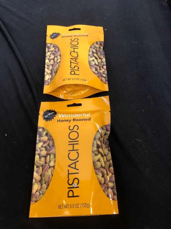 Photo 2 of 2 pack -Wonderful Pistachios, No Shells, Honey Roasted, 5.5 Ounce Resealable Pouch - best by jan - 26 -22 
