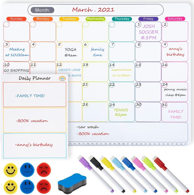 Photo 1 of 2 Dry Erase Calendar Kit- Magnetic Calendar for Refrigerator - Monthly Fridge Calendar Whiteboard, with 8 Fine Point Markers & 1 Eraser Included & 6Pcs Fridge Magnets
